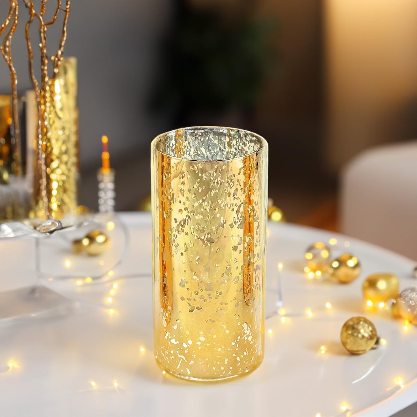 WGVI Hurricane Candle Holder Sleeve, W: 4", Ht: 8", Gold Speckled Glass Cylinder Open Both Ends, Chimney Tube Shade, 1 Piece