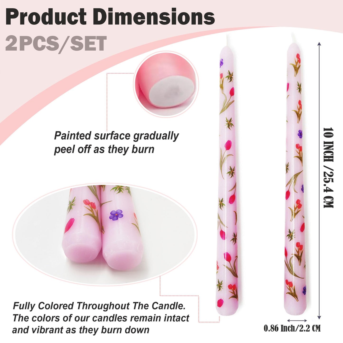 FYBW 10 Inch Purple Taper Candles Set of 2 Unscented Smokeless Tall Print Tapered Candles with Tulip Flowers for Mother's Day, Weddings Holiday Parties