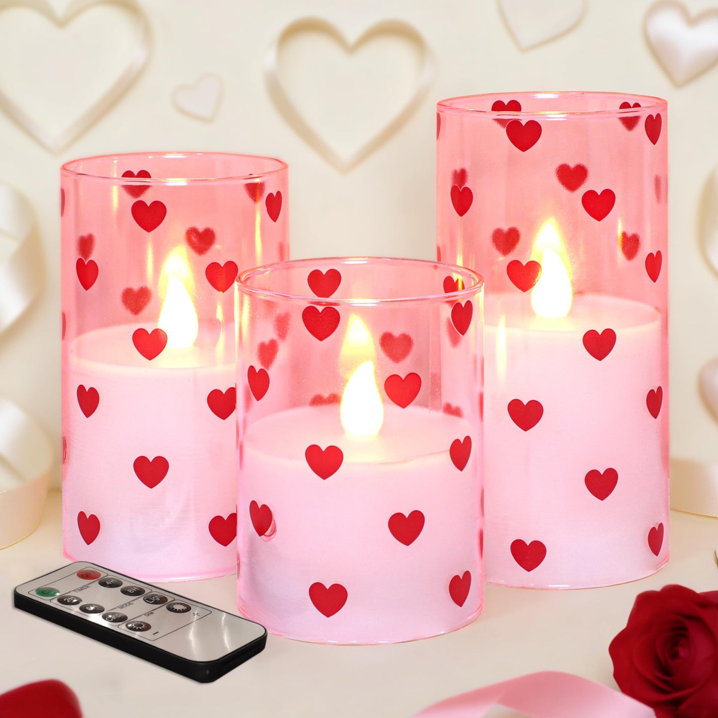 Valentines Flameless LED Pillar Candles, Battery Operated Red Heart Candles, Glass Pink Candles for Woman Gifts and Home Decor