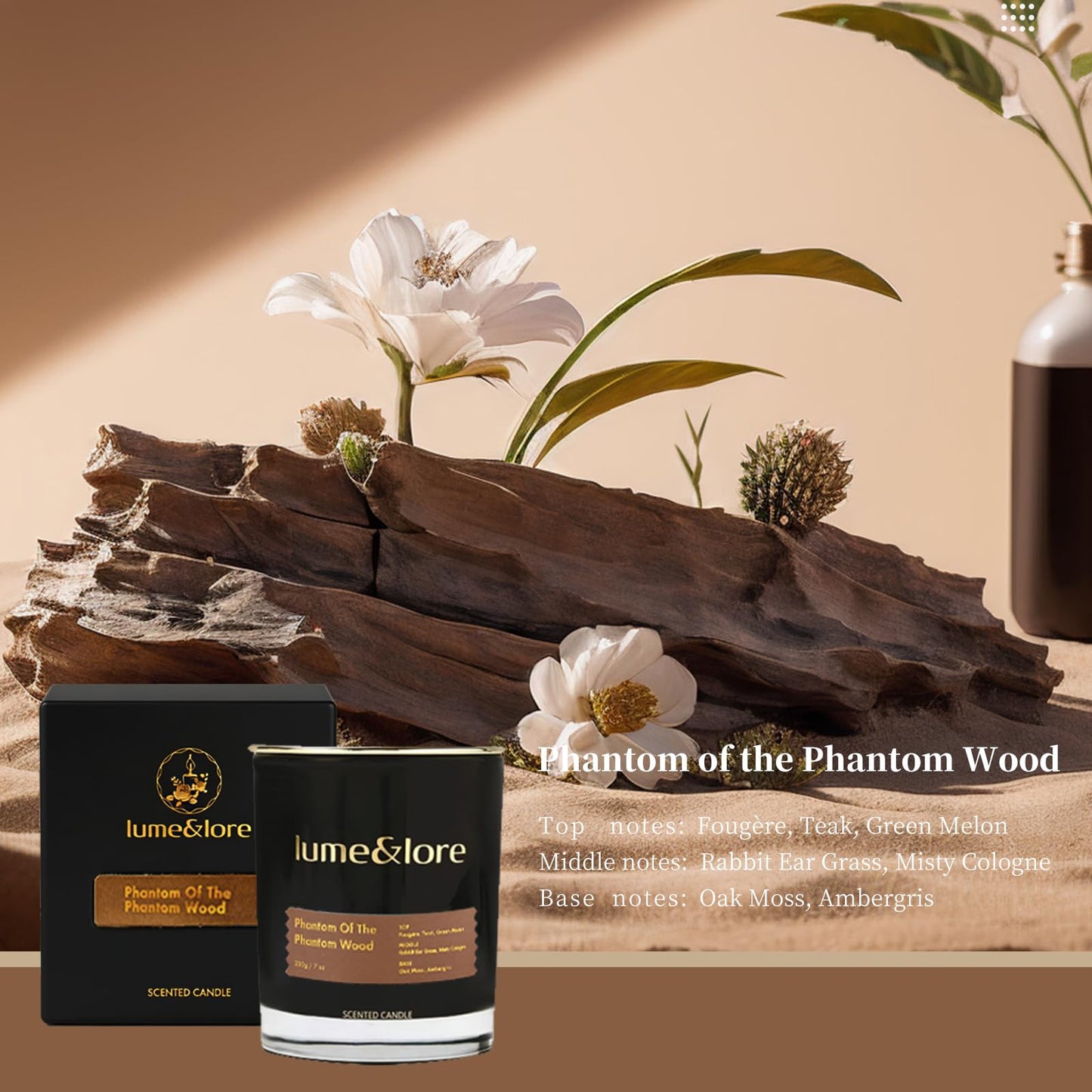 Phantom Wood Scented Candle - 7oz Natural Soy Wax, Fougère & Teak Aroma - The Best Gift for Focus & Relaxation