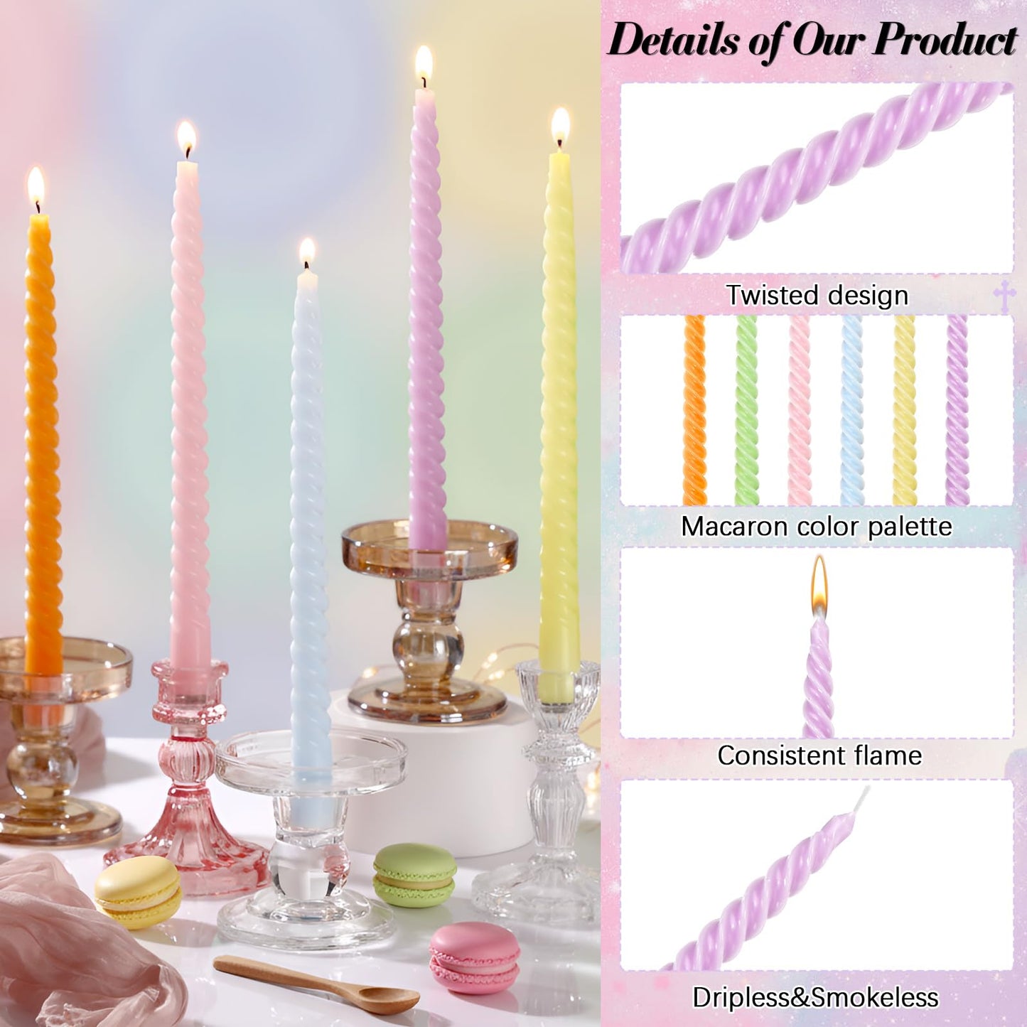 Nuanchu 25 Pcs Spring Spiral Taper Candles Set Pastel Colorful Twisted Wax Candlestick 10 Inch Unscented Dripless Long Tall Tapered Candlesticks Smokeless for Spring Dinner Wedding Party