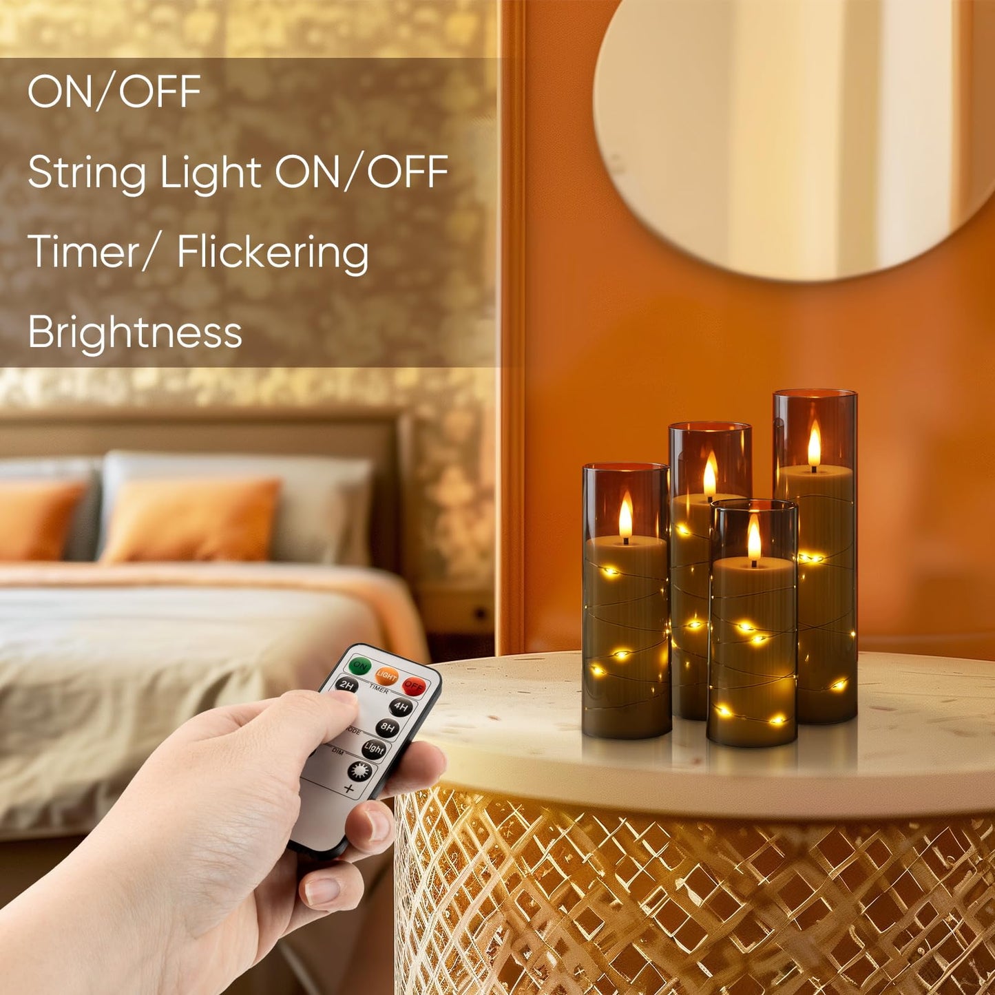 Homemory Flameless Candles with Star String Fairy Lights, Battery Operated Candles, LED Candle, Fake Candles with Remote Control and Timer, Modern Home Decor, Grey, Set of 5