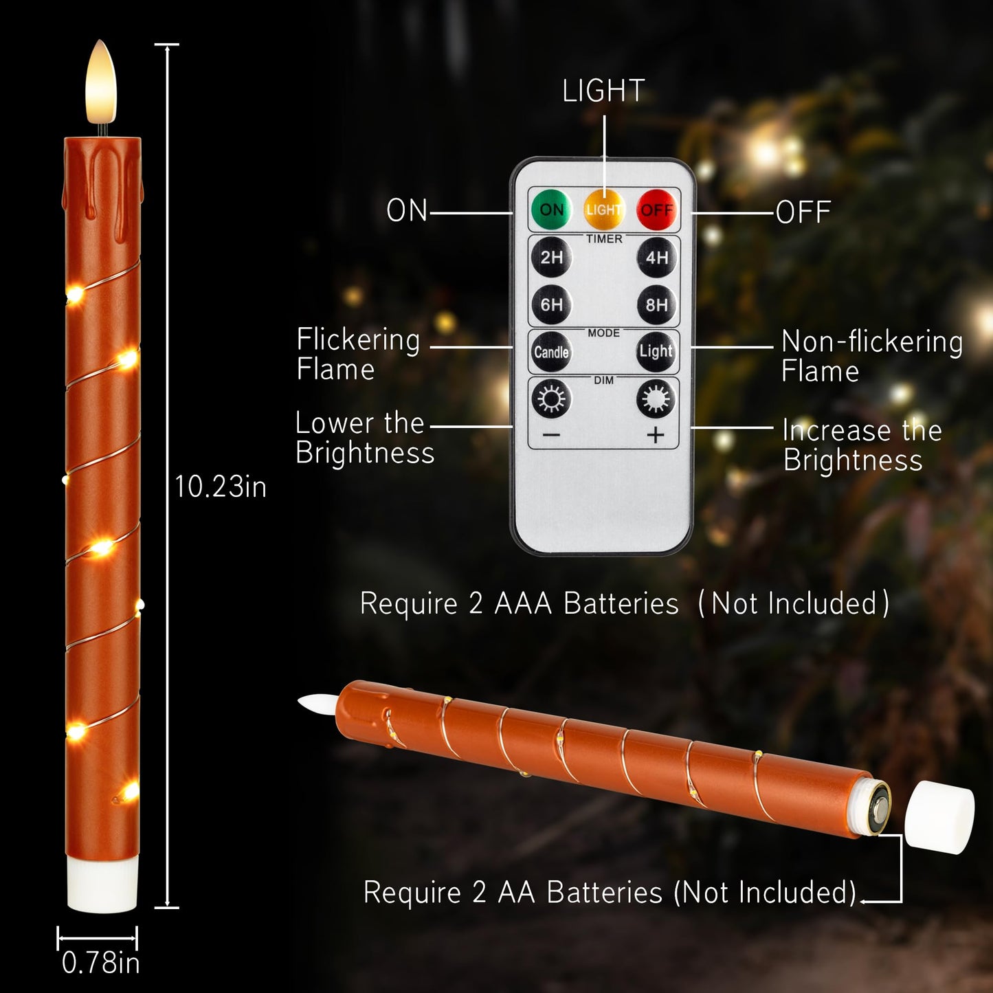 Patriotic Flameless Taper Candles with Remote for 250th Anniversary Decorations，3D Flickering Flame LED Candles Arounded with Starlight String for 4th of July Decoration, Pack of 6, Reddish Brown