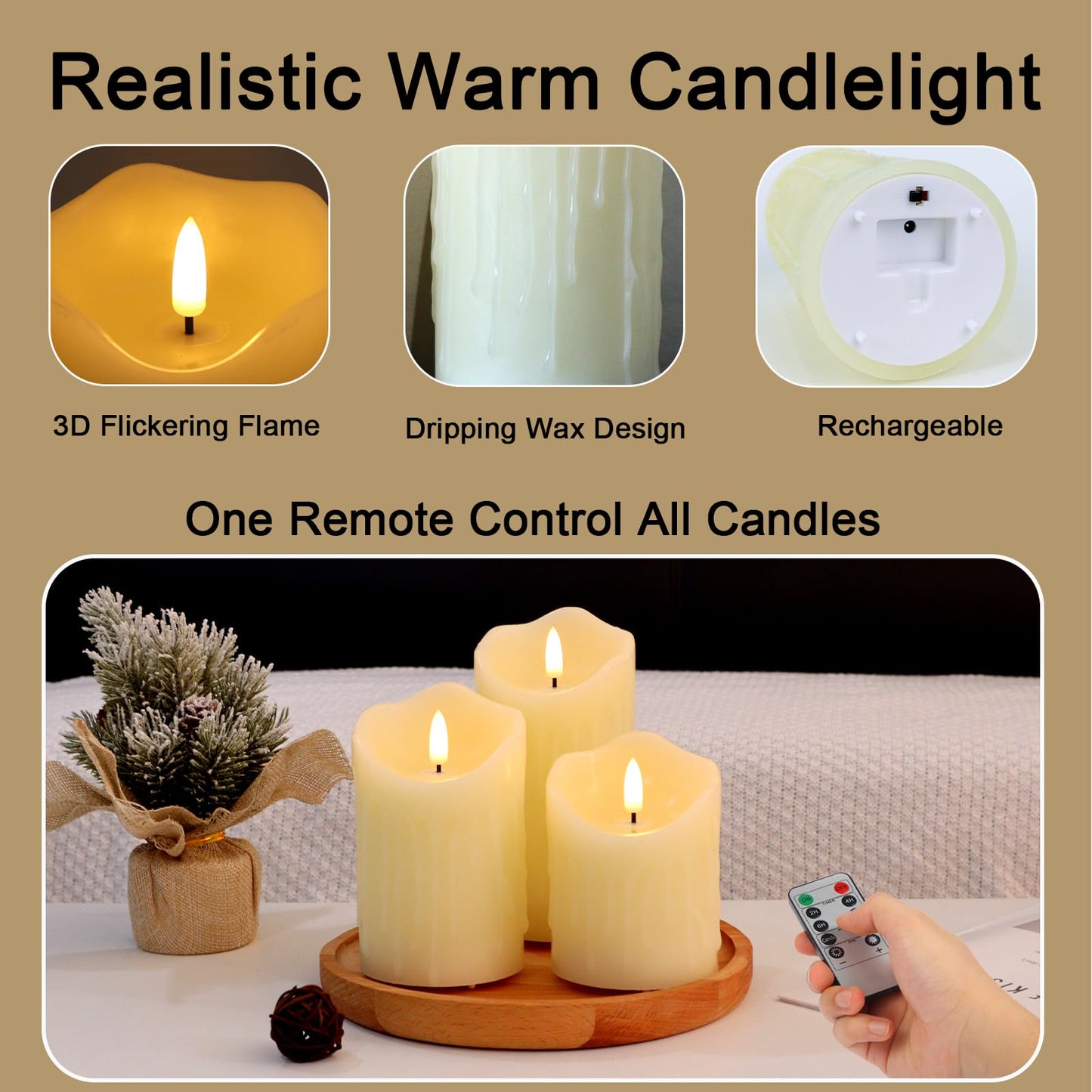 Warmhere Rechargeable Flameless Candles, Flickering LED Candles with Remote and Timer, Long Lasting Ivory Real Wax Electric Pillar Candle for Christmas Home Wedding Decorations, Set of 3