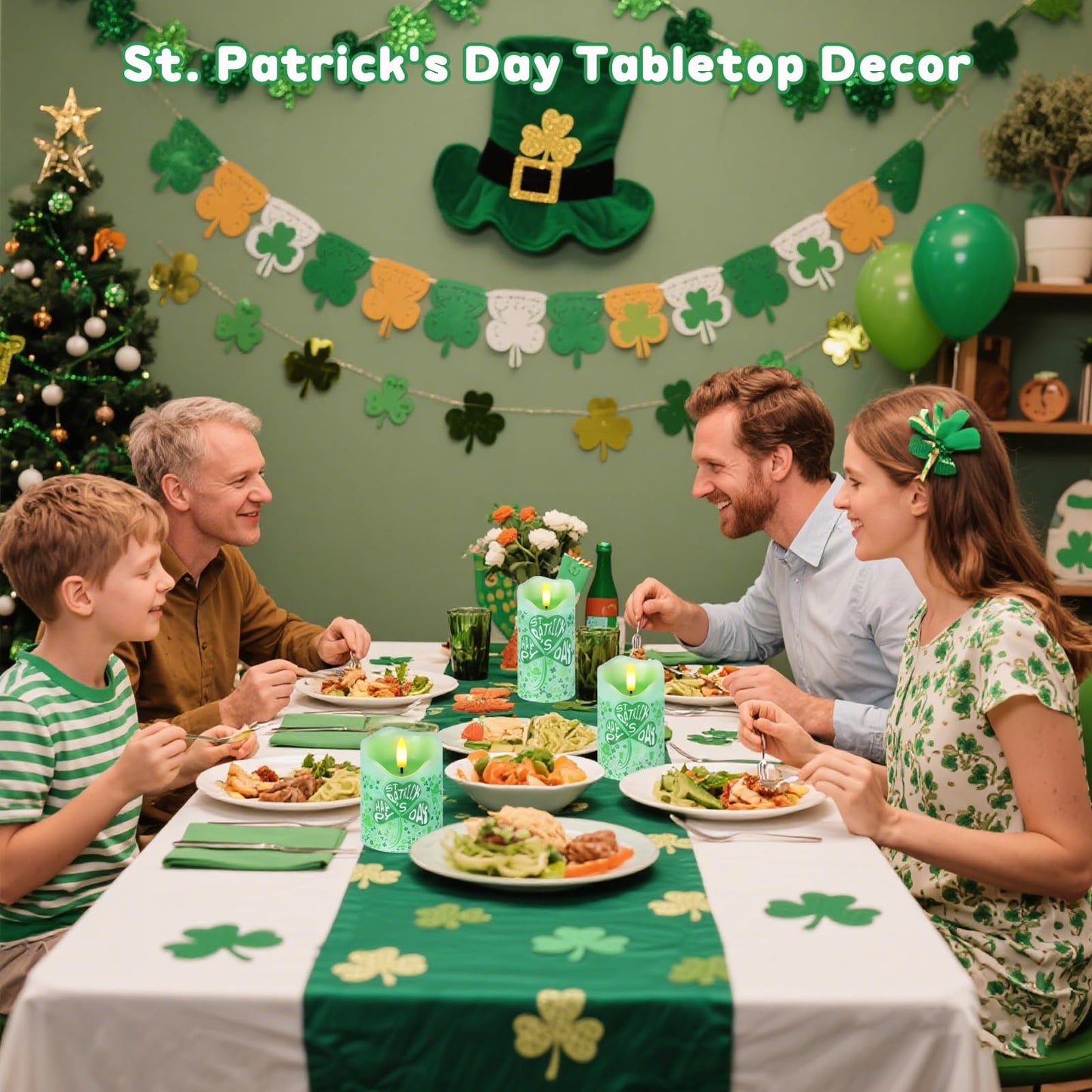 Flameless Candles Lights, Set of 3 Flickering St. Patrick's Day Pillar Candles with Remote & Timer, Dimmable Real Wax Shamrock LED Candles Battery Operated for Home St. Patrick's Day Decor (Clover)