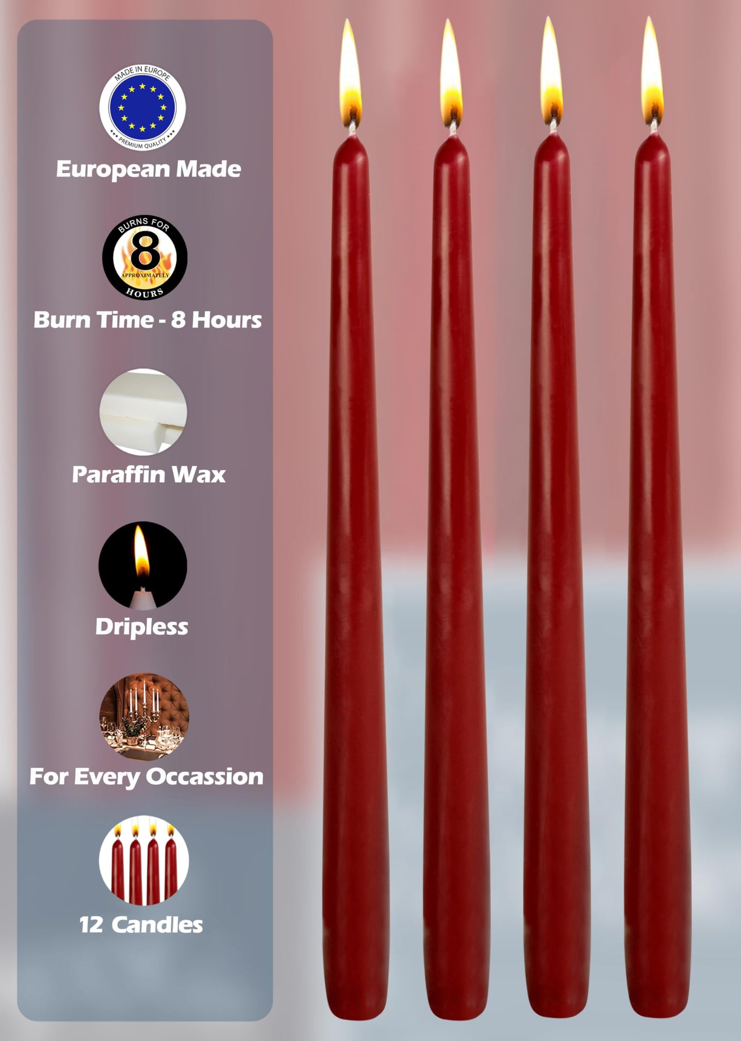 12 Pack Tall Taper Candles - 10 Inch Burgundy Dripless, Unscented Dinner Candle - Paraffin Wax with Cotton Wicks - 8 Hour Burn Time