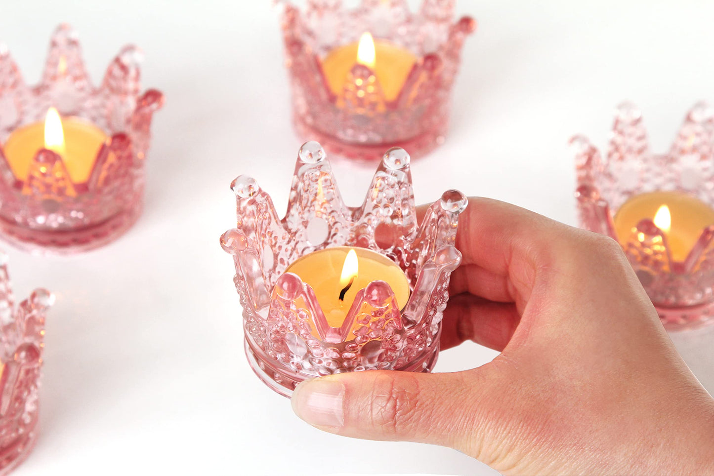 Vixdonos Votive Candle Holders Set of 6 Crown Glass Tealight Candle Holder for Wedding, Party and Home Decor (Pink)