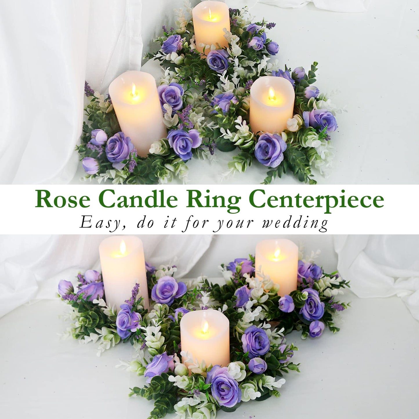 Acmee 4 Pcs Purple Rose Candle Rings - Artificial Floral Wreaths with Eucalyptus Leaves Greenery Flower Wreaths for Pillar Farmhouse Wedding Centerpiece Party Home Decor