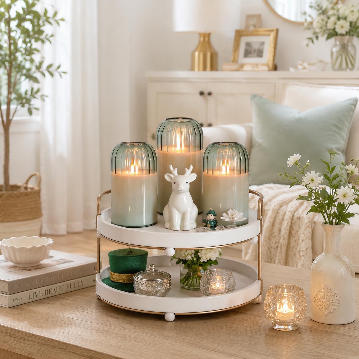 MUMCHASI Green Flameless Battery Operated Candles with Remote, Set of 5 Glass Jar LED Candles with Dancing Flame, Flickering Electric Candlelight for Home Wedding Party Decor H4”5”5”6" 6”