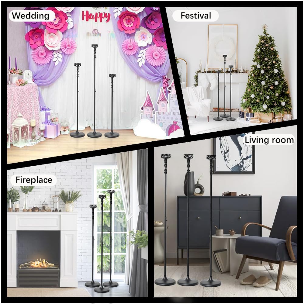 Floor Candle Holder Centerpieces for Tables,3Pcs Black Candle Holder for Pillar Candles Matte Metal Candlestick Set for Wedding Party Home Candles Holder for Ceremony Mantel Decor (Adjustable Height