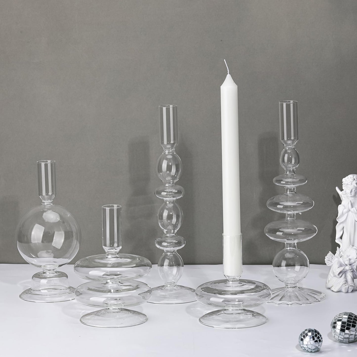 Rtteri 5 Pcs Glass Candlestick Holders Colorful Glass Taper Candle Stand Groovy Candlestick Wavy Boho Chic Clear Bases Holders Elegant Vase for Home Party Centerpiece(Clear)