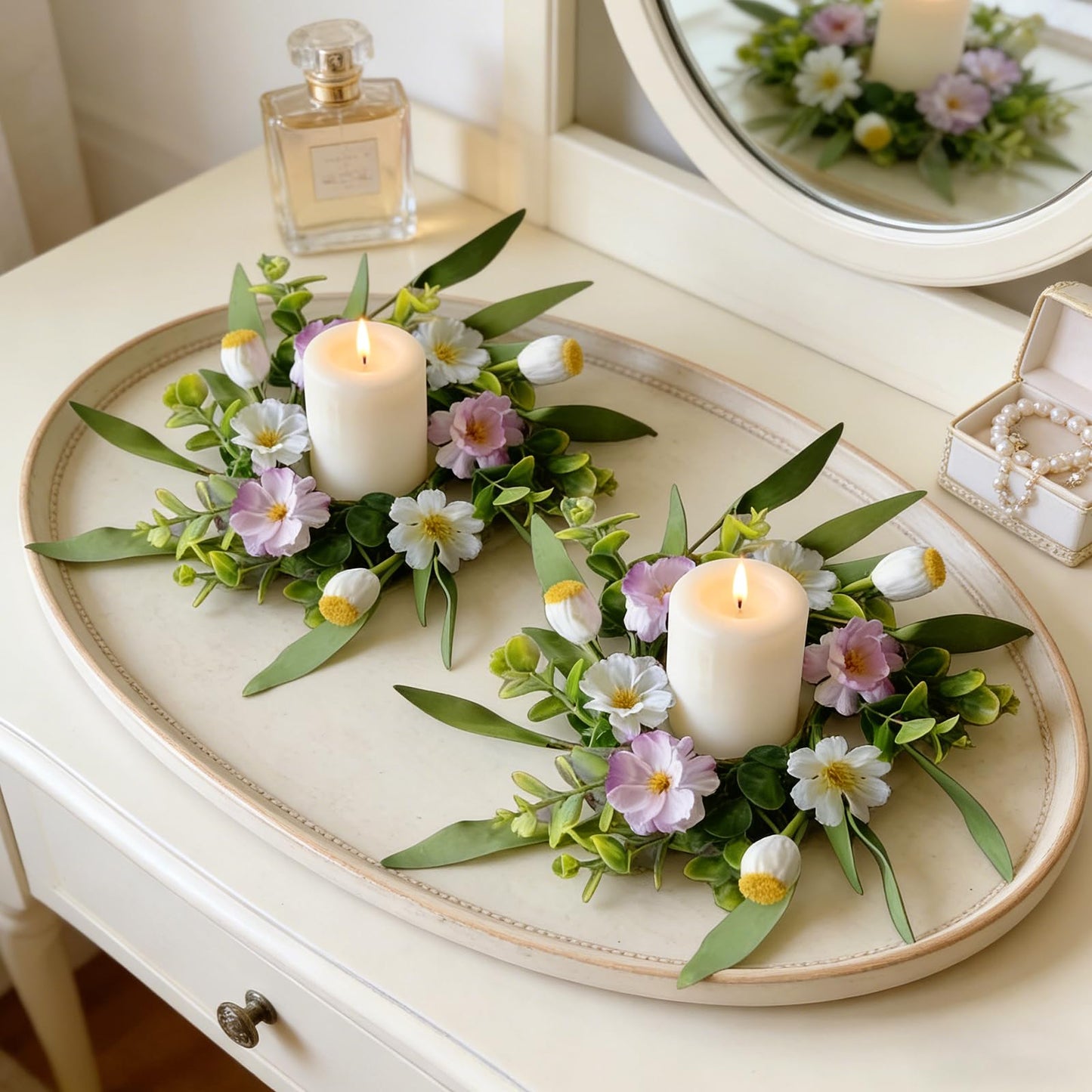 6 Pcs Small Spring Summer Candle Ring Wreaths with Artificial Pink White Flower and Yellow Fruit Mini Pillar Candle Holder Wreath with Lavender for Home Kitchen Cabinets Table Centerpieces Front Door