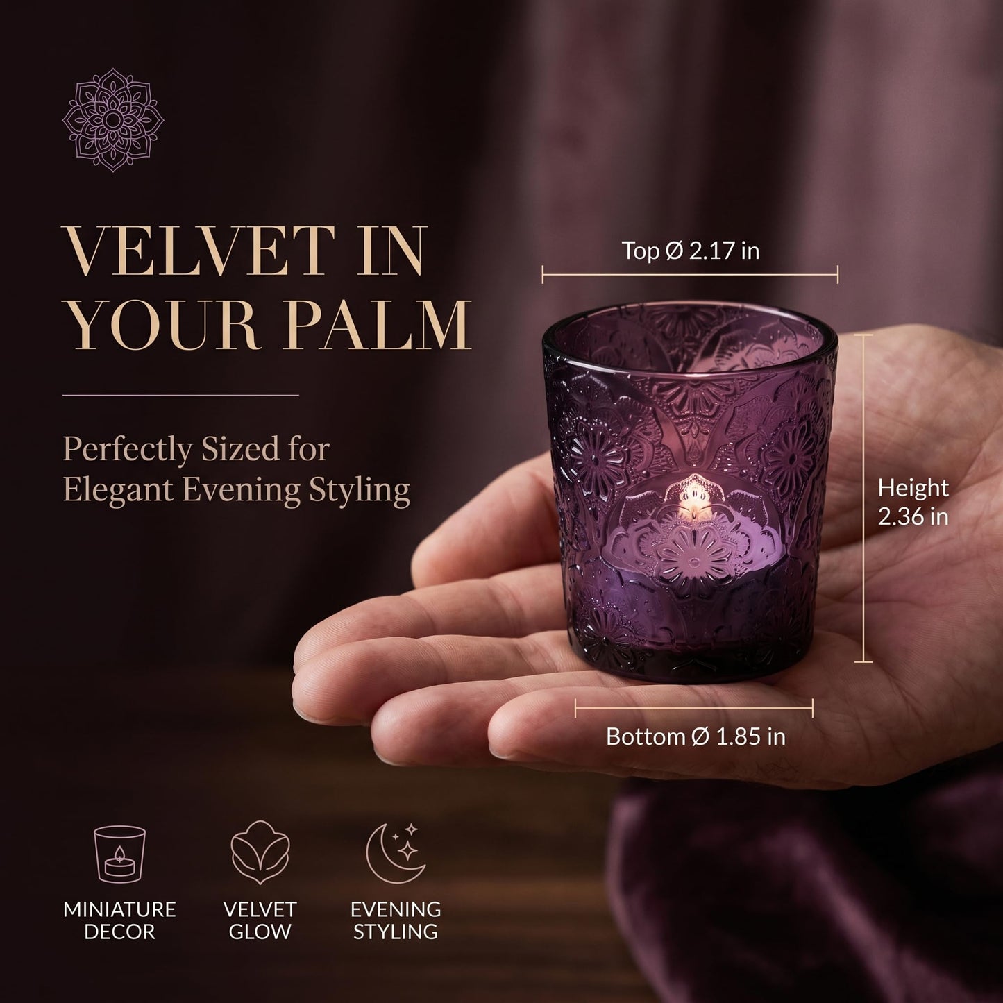 12 Pack Mandala Embossed Glass Candle Holders – Votive Tealight Holders with Patent Design, Decorative Embossed Glass Cups for Wedding Centerpieces, Parties, and Home Décor (Amethyst Bloom)
