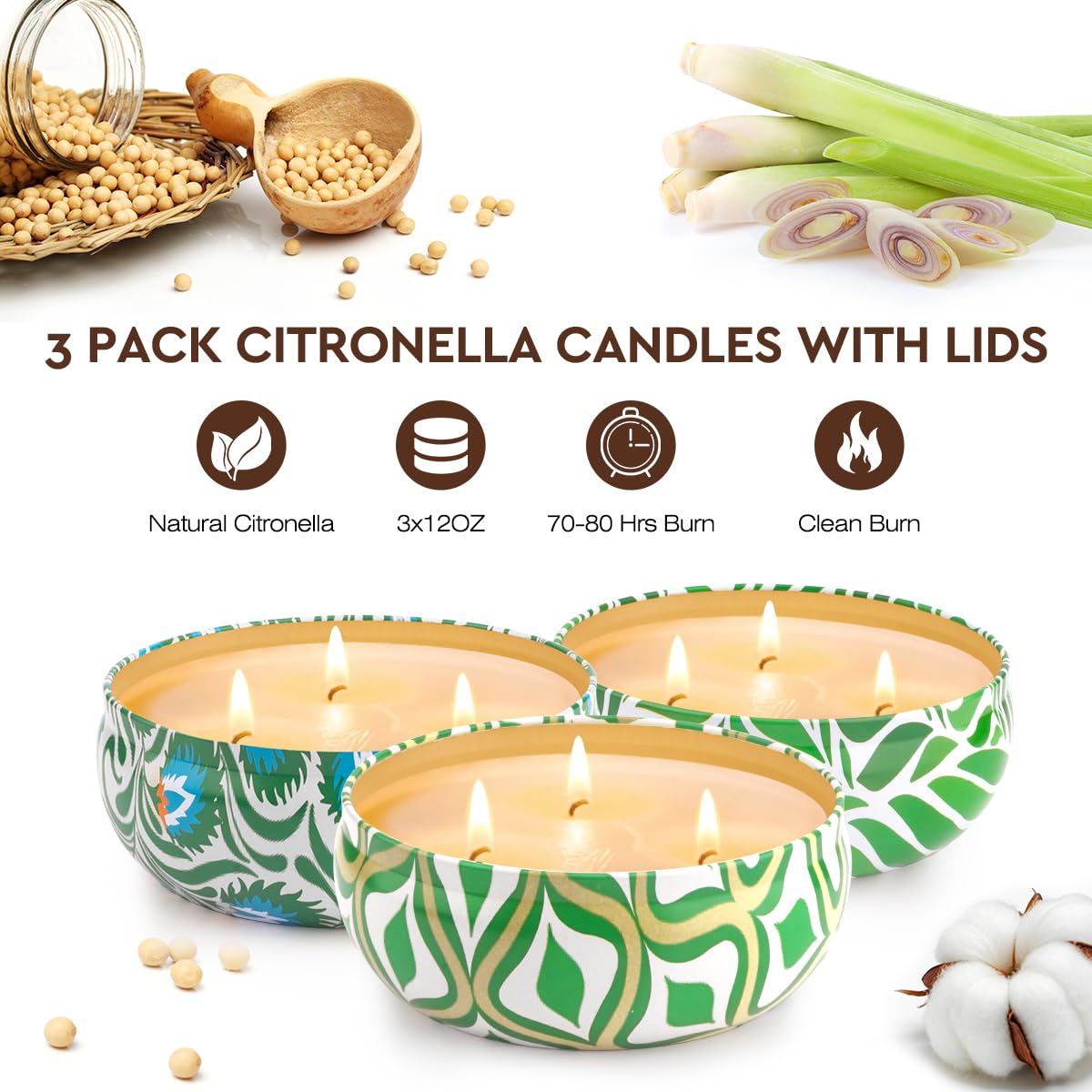 Citronella Candles Outdoor, Large 36oZ Citronella Candles, 240 Hours Burning, 3-Wick Natural Soy Wax Summer Outdoor Candles for Outside Indoor Patio Home Garden Yard Balcony Camping Porch BBQ