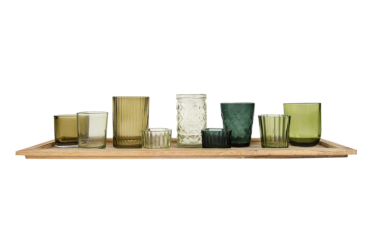Creative Co-Op Wood Tray with 9 Green Glass Votive Holders
