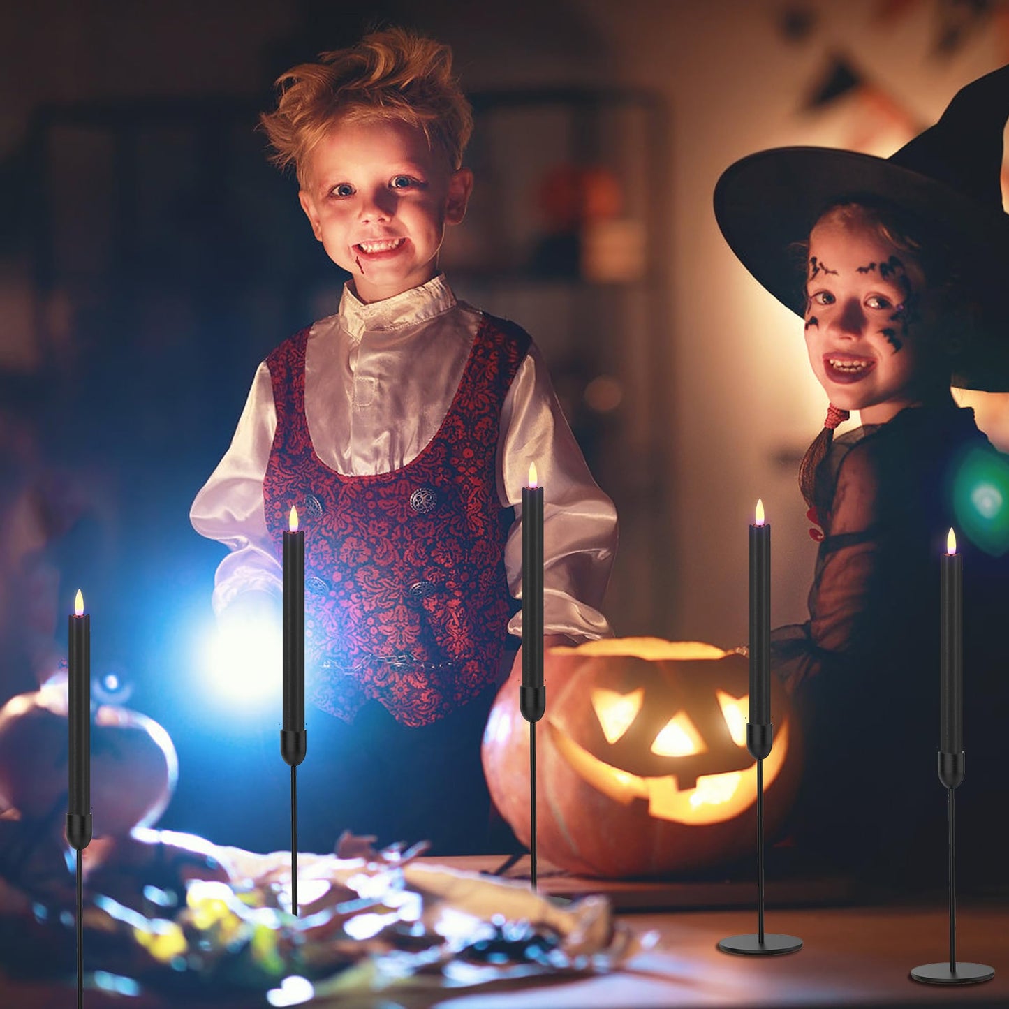 SHENSY Black Flameless Taper Candles, Set of 3 – 9.64" LED Candlesticks with 3D Flickering Flame, Real Wax Battery Candles with Remote and Timer – Elegant Halloween Window and Table Decor