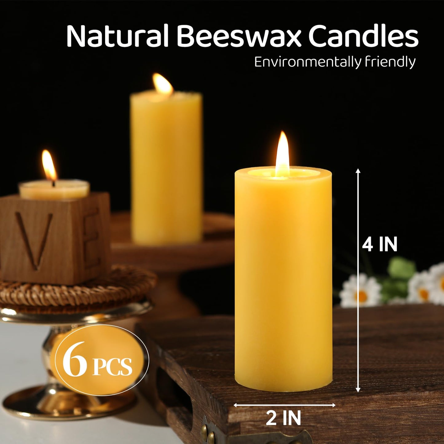 6 Pack Natural Beeswax Pillar Candles,100% Pure Beeswax Candles-210 Hours Long Burning,Organic Bees Wax Candles for Home,Emergency,Prayer,Parties,Unscented Dripless Smokeless Beeswax Candle Bulk 2x4in