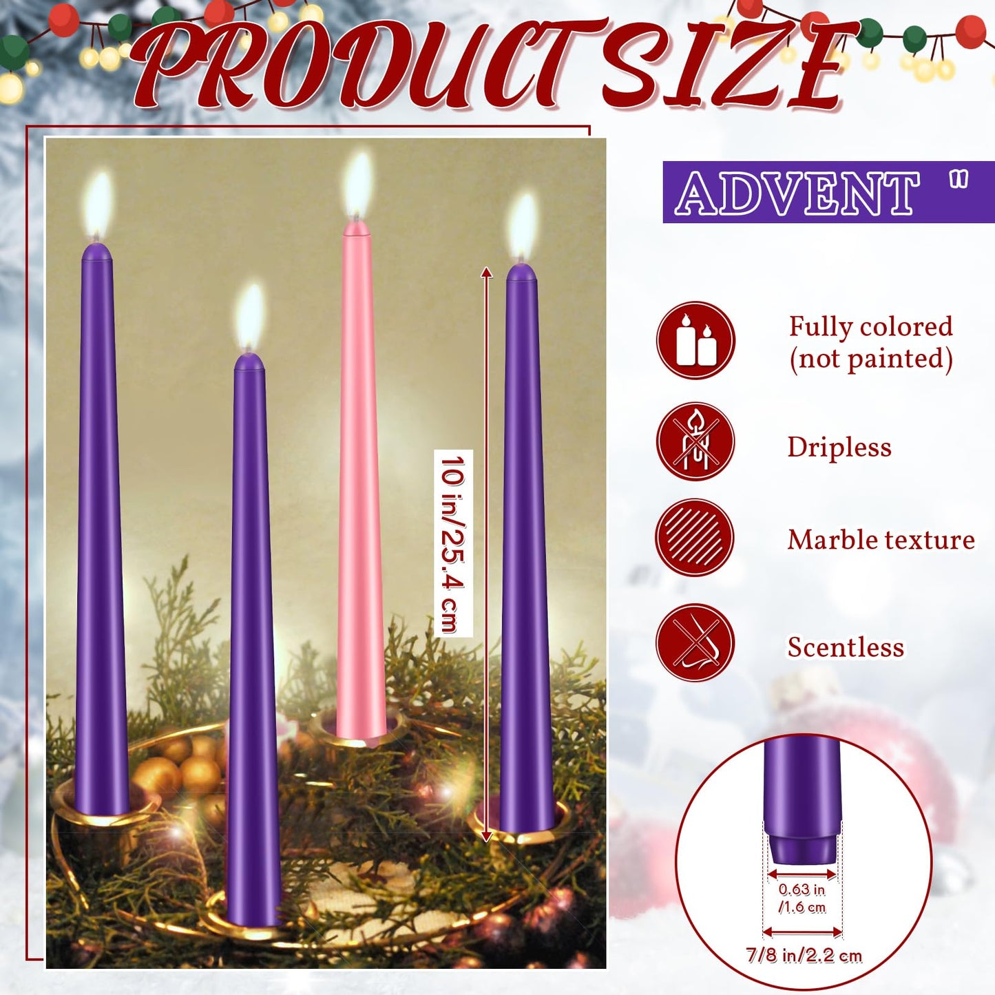 Patelai 20 Pcs Christmas Advent Candle Set Taper Candles 10 Inch Purple and Pink Christmas Candles Candlesticks for Wedding Advent Home Church Holiday Decoration Party Celebrations