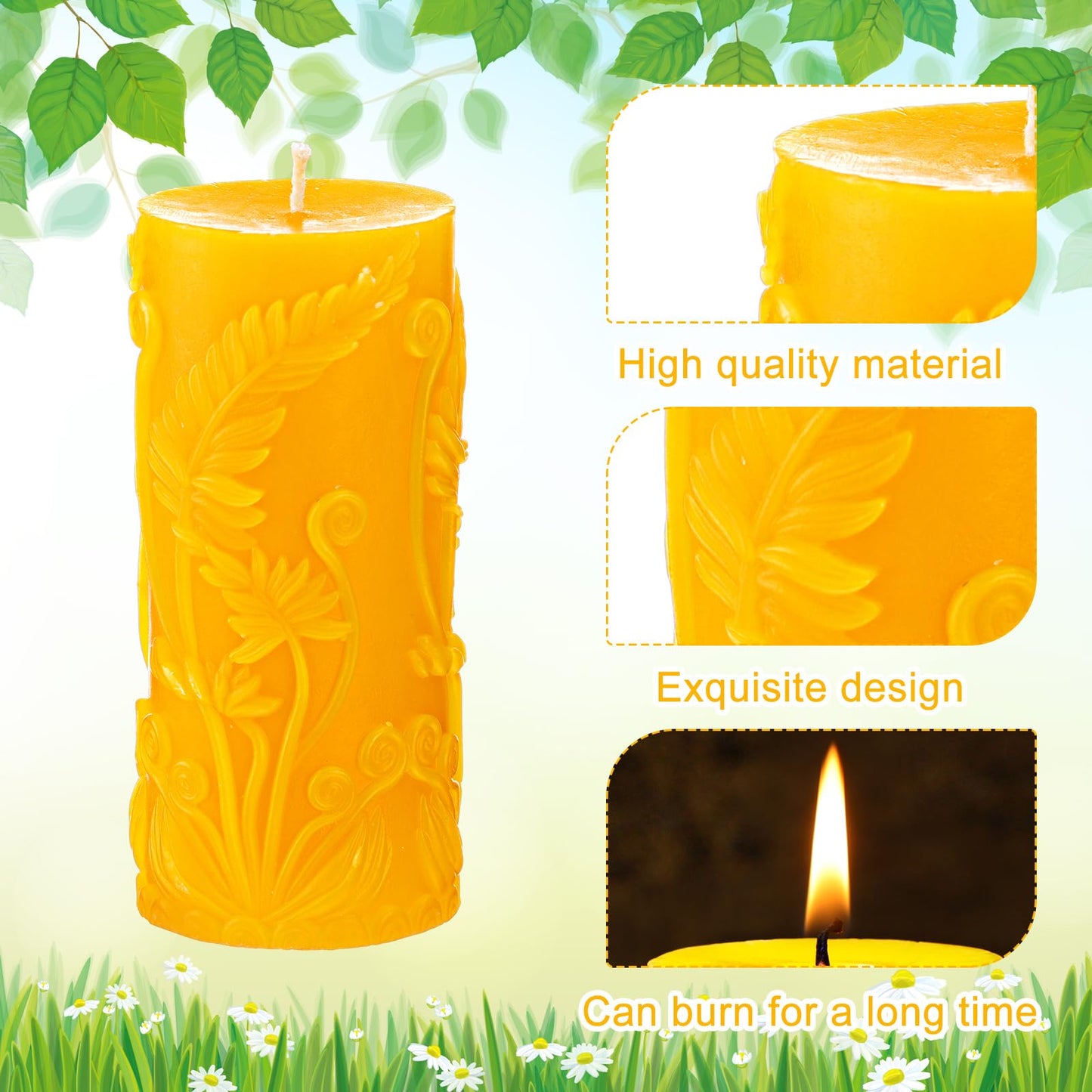 Conelist 2 Pcs Beeswax Pillar Candles Yellow Pillar Candles with Floral Carved 4.6x2.1 Inch 100% Natural Beeswax, Long Burning Gift Wedding Home Decor
