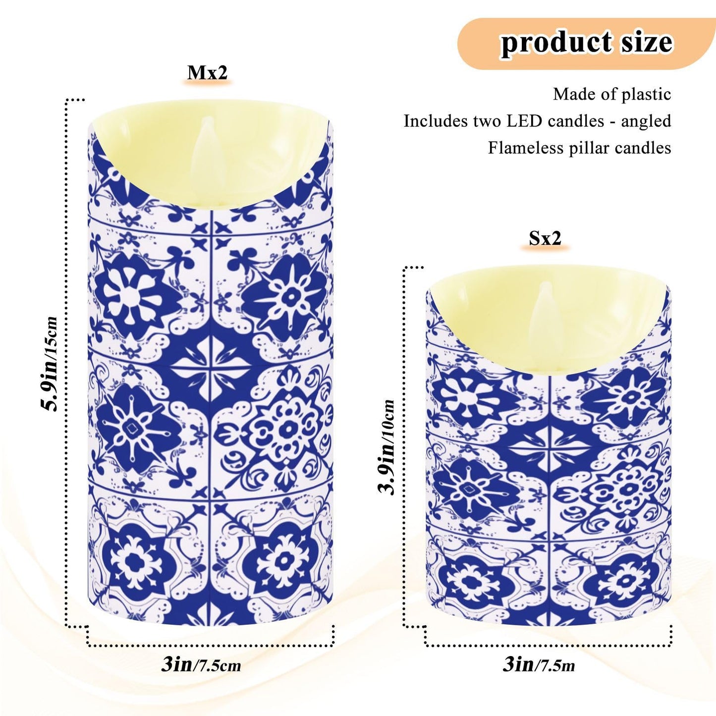Gravopti Spanish Tiles 2 Pack Flameless LED Pillar Candles with Remote & Timer, Battery Operated, Flickering Wax Candle for Wedding, Romantic Home & Party Decor