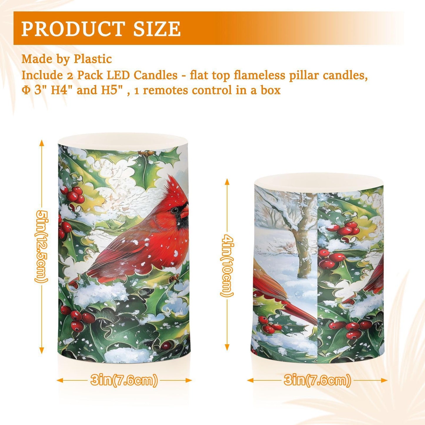 BOENLE Flickering Flameless Candles, Red Cardinals Holly Christmas LED Candles with Remote Timer, Set of 2 Battery Operated Candle for Valentine Wedding Birthday
