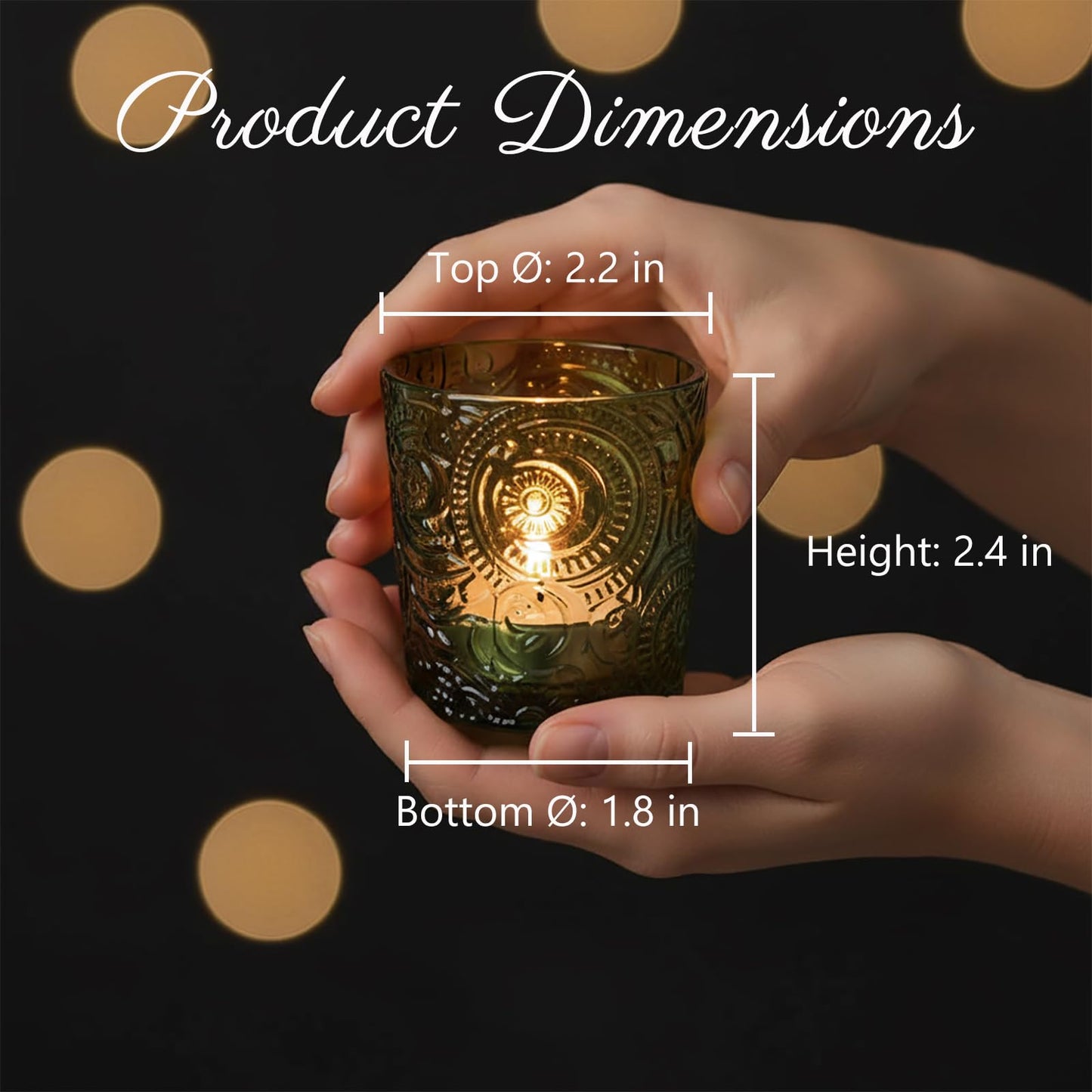 6 Pack Patented Sun Moon Star Embossed Glass Tea Light Candle Holders - Unique Votive Candle Holders for Wedding, Party, and Table Centerpieces (Moss Green)