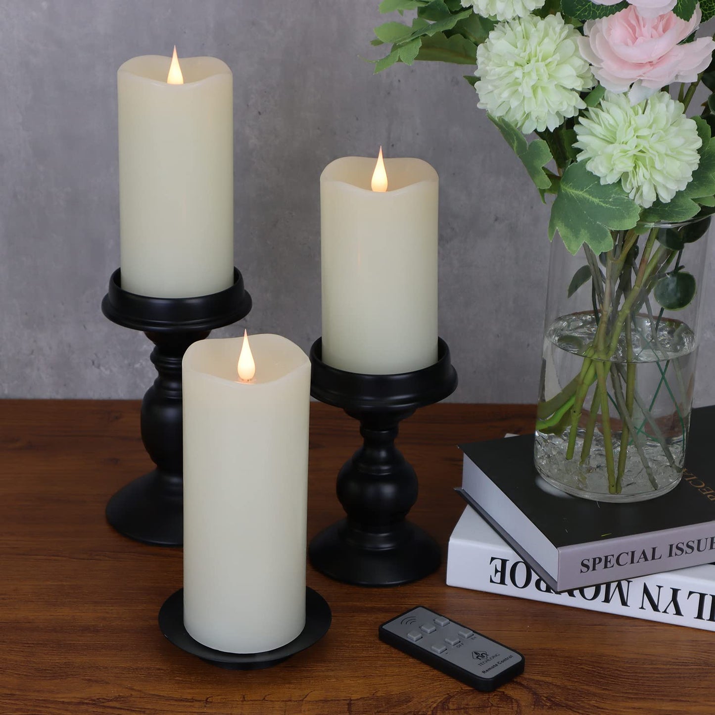 TECHLONG Flickering Flameless Candles with 3D Moving Flame Set of 3(H 5" 6" 7" x D 3"), Last 1000+ Hours Battery Operated Candles with Remote Timer, Ivory Real Wax Electric LED Pillar Candles