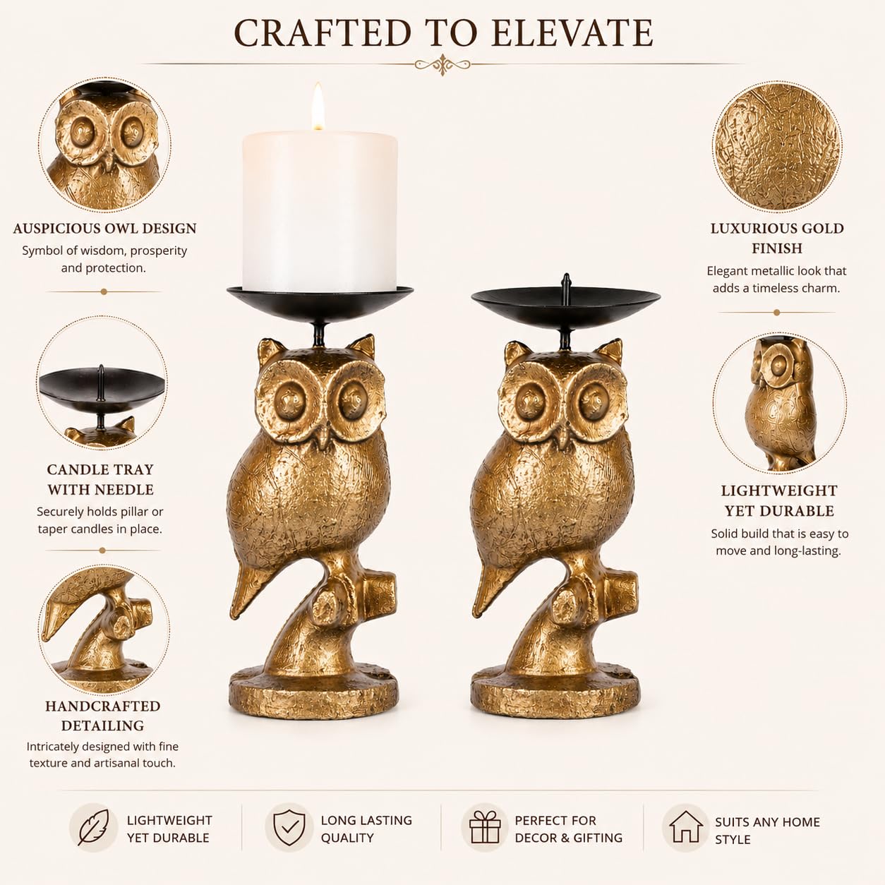 Gold Owl Candle Holder Set of 2 – Decorative Taper & Small Pillar Candlestick Holders for Dining Table, Living Room & Home Décor