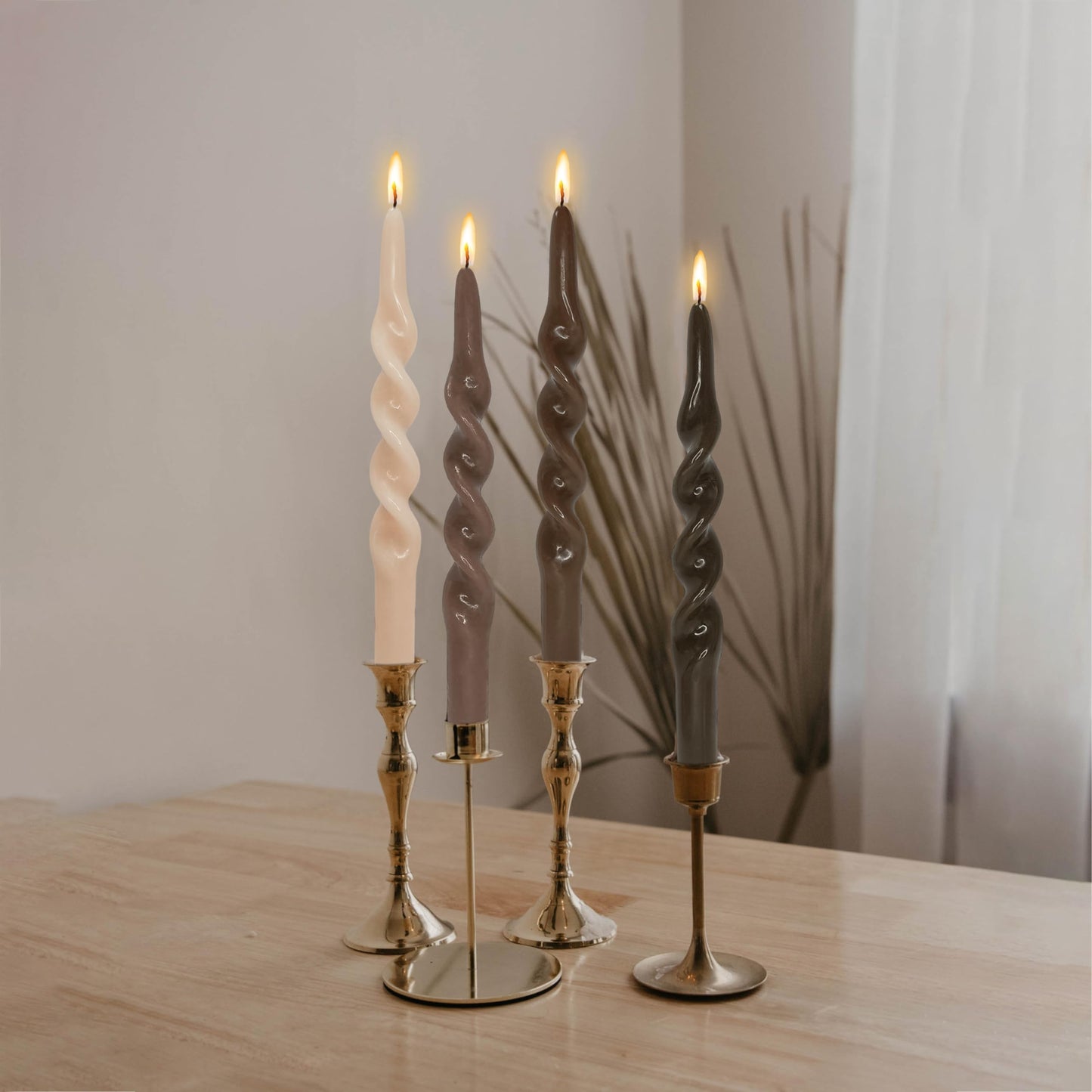 FLAMMUL Gradient Brown Spiral Candles 10 Inch Long Twisted Candlesticks - Handmade Burning Candlestick Dinner Candles for Table Home Decor Wedding 4 PCS