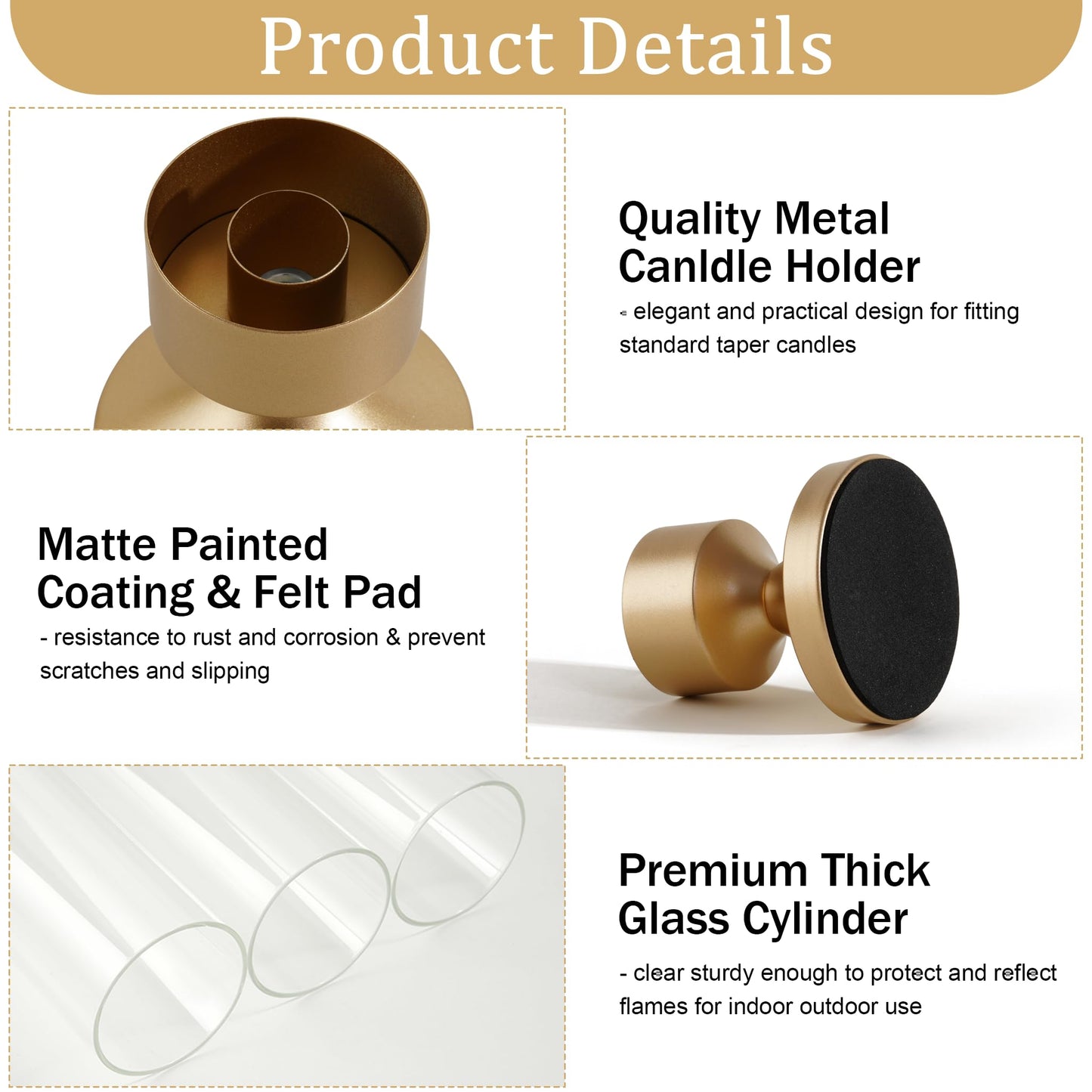 Hurricane Glass Candle Holders, Set of 6 Metal Taper Candlesrick Holders for Centerpieces Tall Gold Candle Stands Bulk with Glass Cylinder for Wedding Birthday Party Table Decor