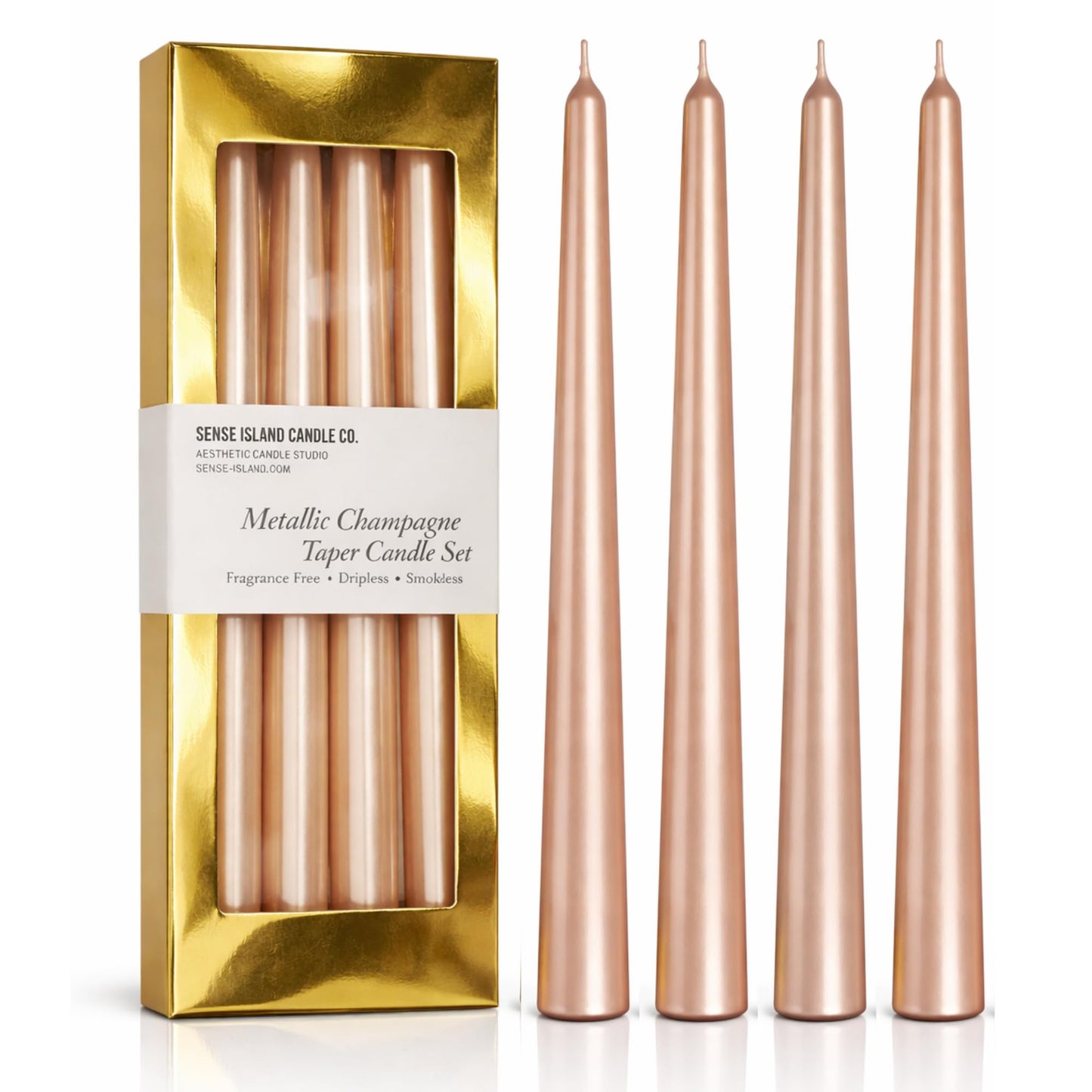 Champagne Taper Candles 10'' with Pearl Shimmer – Set of 4 | Dripless & Smokeless | Fragrance Free | Gold Gift Box | Elegant Table Candles for Home Decorations, Wedding Receptions Events