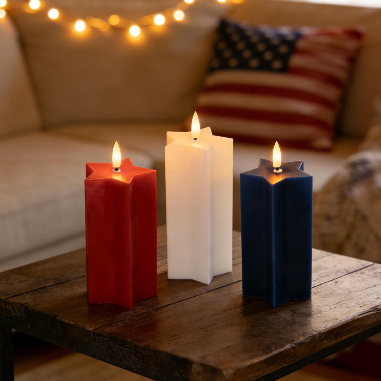 4th of July Flameless Candles with Remote, Red White and Blue Patriotic LED Candles, Battery Operated Star Shaped Decorative Candles for Independence Day Home Party Decor, Set of 3