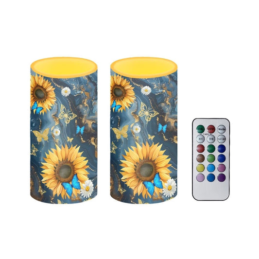 NETILGEN Flameless Candles Battery Powered Waterproof Led Candles Pillar Candle with Timer Remote Pillar Candles with Multicolor Lights for Home Indoor Decor, Sunflower Butterfly Blue Marble