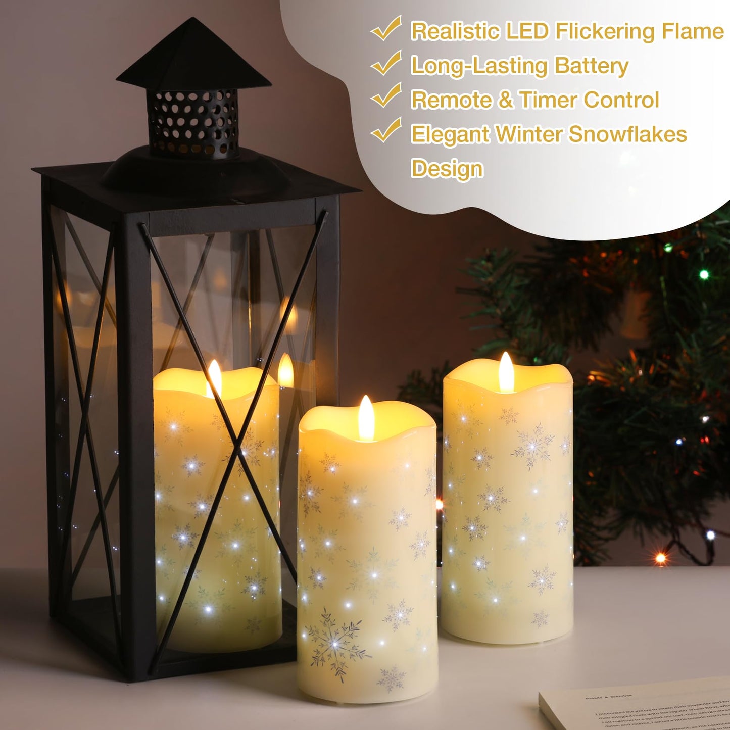 Eywamage Christmas Flameless Pillar Candles with Remote, Snowflakes Fiber Optic LED Candles Battery Operated Set of 3