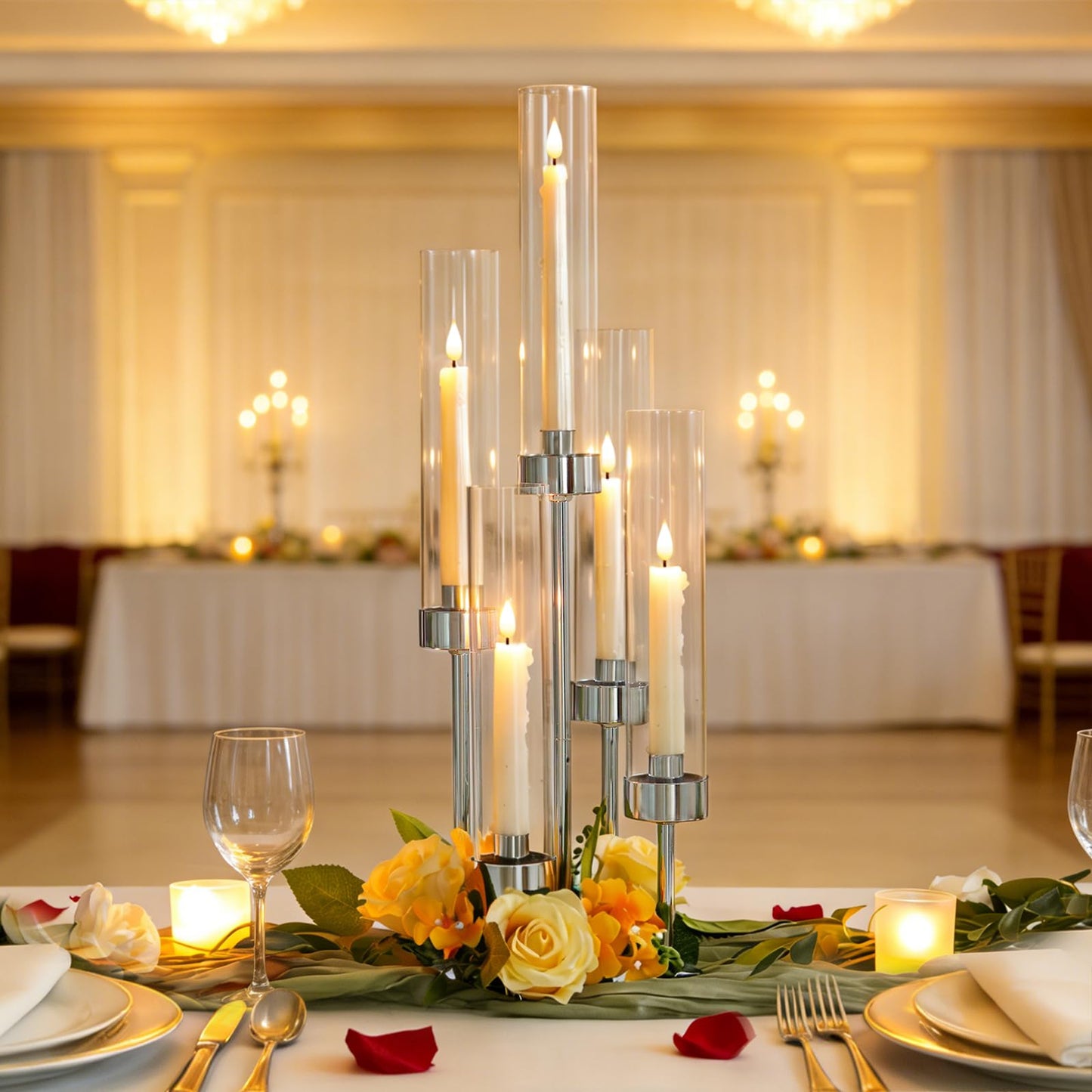 KEHAIL 2 Pcs 5-Arm Silver Metal Table Candelabra Centerpiece, 22" Tall Clear Candlesticks Holder with Shade for Valentines Day Events Party Table Centerpiece,Fit LED Candles
