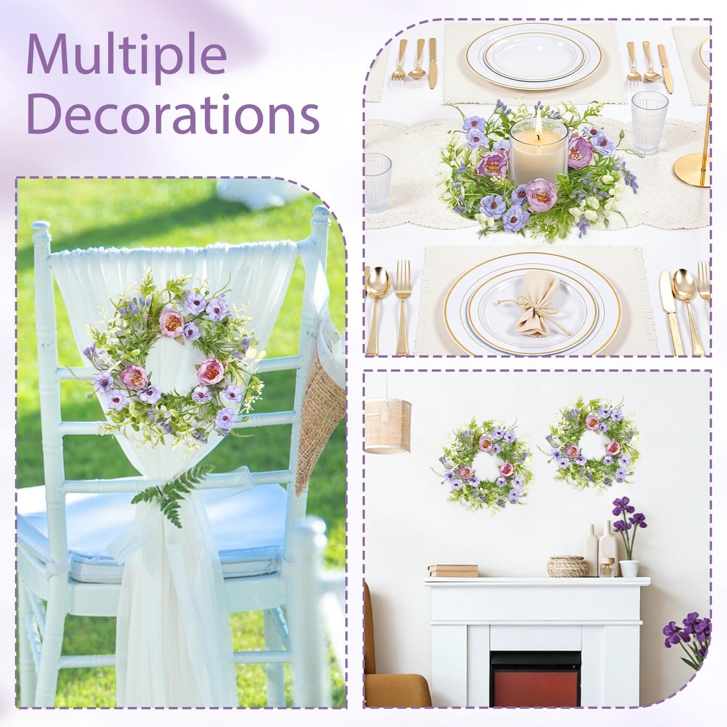 KHOYIME Floral Candle Rings Wreath 4PCS Small Spring Summer Purple Artificial Flowers Greenery Wreaths for Pillars, Mini Candle Holder Kitchen Cabinets Table Centerpieces Wedding Party Farmhouse Decor
