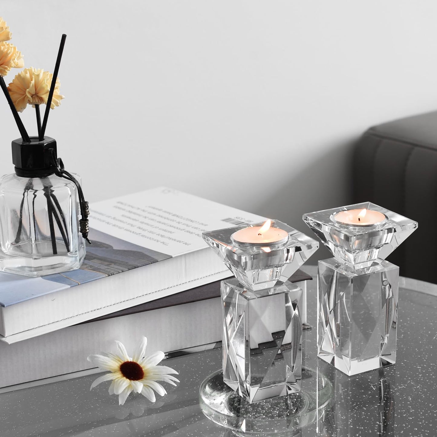 Crystal Candle Holders Set of 2, Clear Taper Candle Holder Decor, Table Centerpieces for Home Party and Wedding Decoration(4.5''Height)