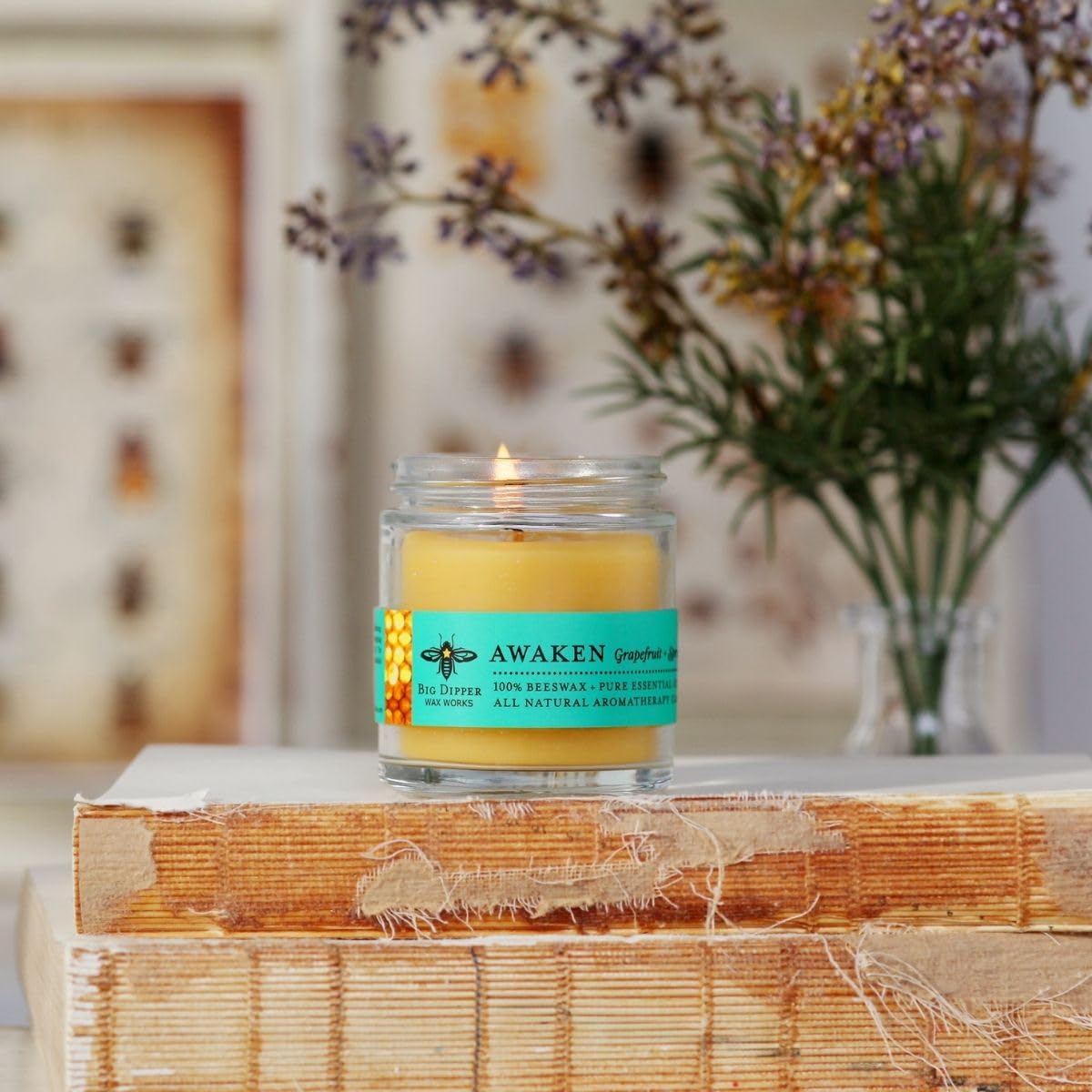 Big Dipper Wax Works Beeswax Aromatherapy Candle – Awaken, Grapefruit & Spruce, Apothecary Glass 2” x 2.5” – 25-Hour Burn, 100% Pure Beeswax with Essential Oils, Clean & Eco-Friendly