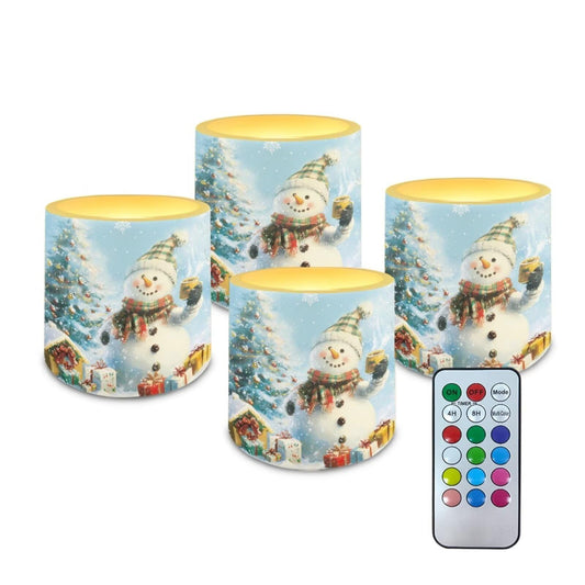 Merkmak 4Pcs Flameless Candles with Remote Christmas Snowman Candles with Timer Battery Operated LED Pillar Tea Lights for Party Banquet Home Decoration