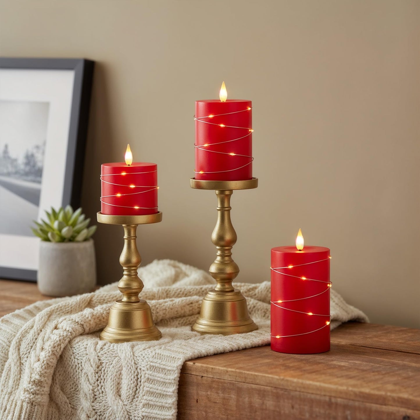 Raycare Independence Day Flameless Candles with Remote Timer, Flickering Battery Operated LED Pillar Fake Candle with String Lights for 4th of July Patriotic Home Decor, Wedding Gift, Red, Set of 3