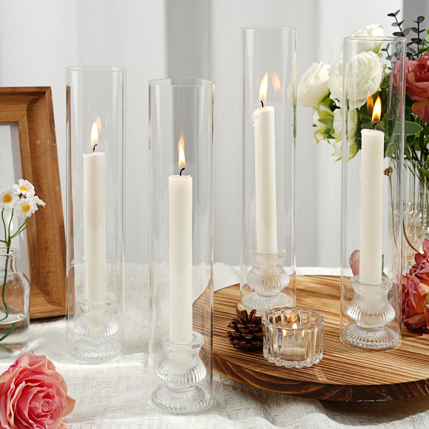 Hurricane Glass Candle Holders 10Pcs Fluted Candlestick Holders for Taper Candles with Cylinder Covers Crystal Candle Sticks Holder Decor for Wedding Birthday Christmas Table Decoration