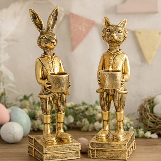 American Art Decor Gold Animal Candle Holder Statues Set of 2 – Vintage Rabbit & Fox Figurines, Luxury Resin Decorative Accents for Home Bar, Mantel, Shelf, Dining Table & Gift Décor
