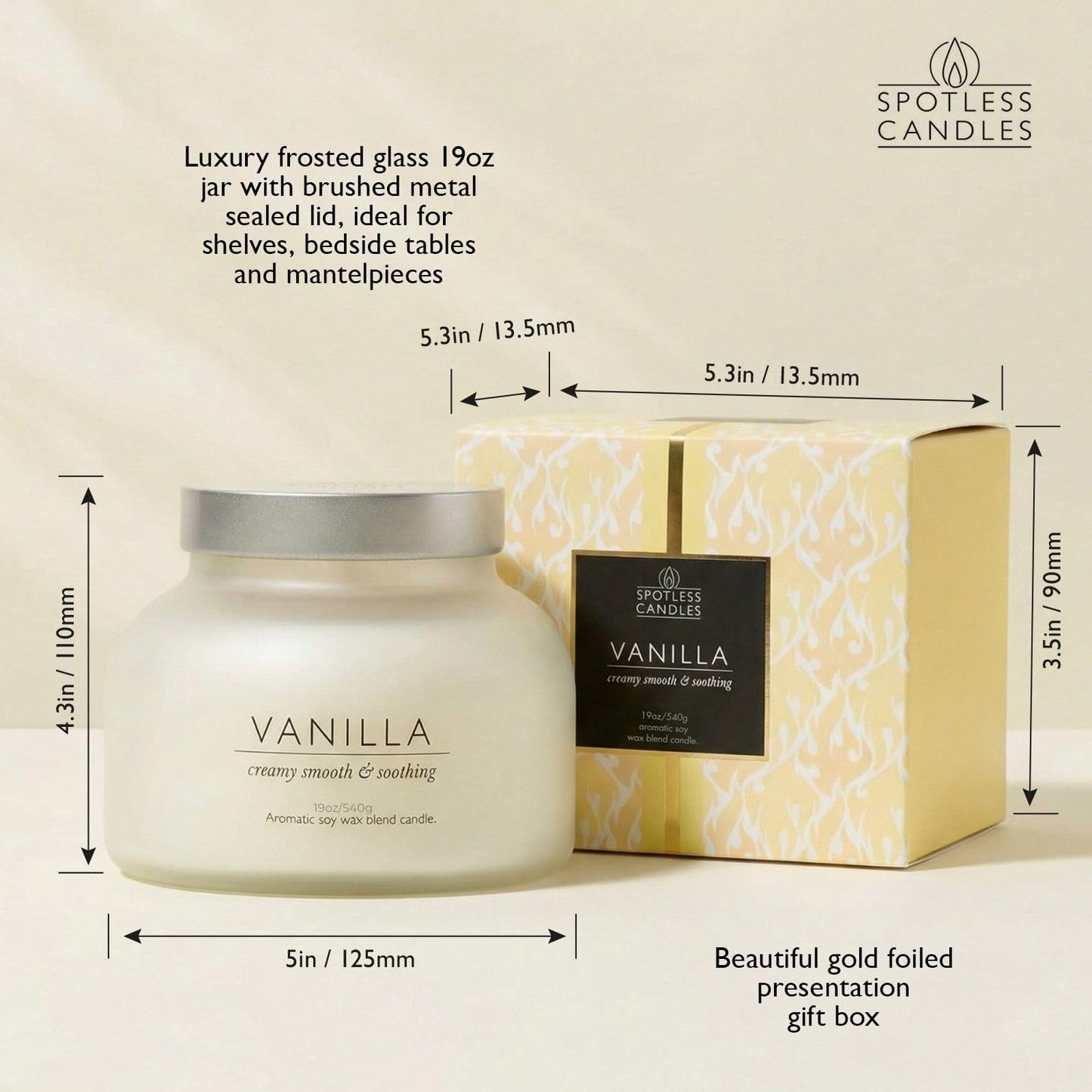 Vanilla Volcano Candle 19oz: 80-Hour Burn, Creamy Smooth Vanilla Scent, Hybrid Soy Wax, Crackling Wood Wick, Cream Matte Glass Jar, Gold Foil Gift Box by Spotless Candles