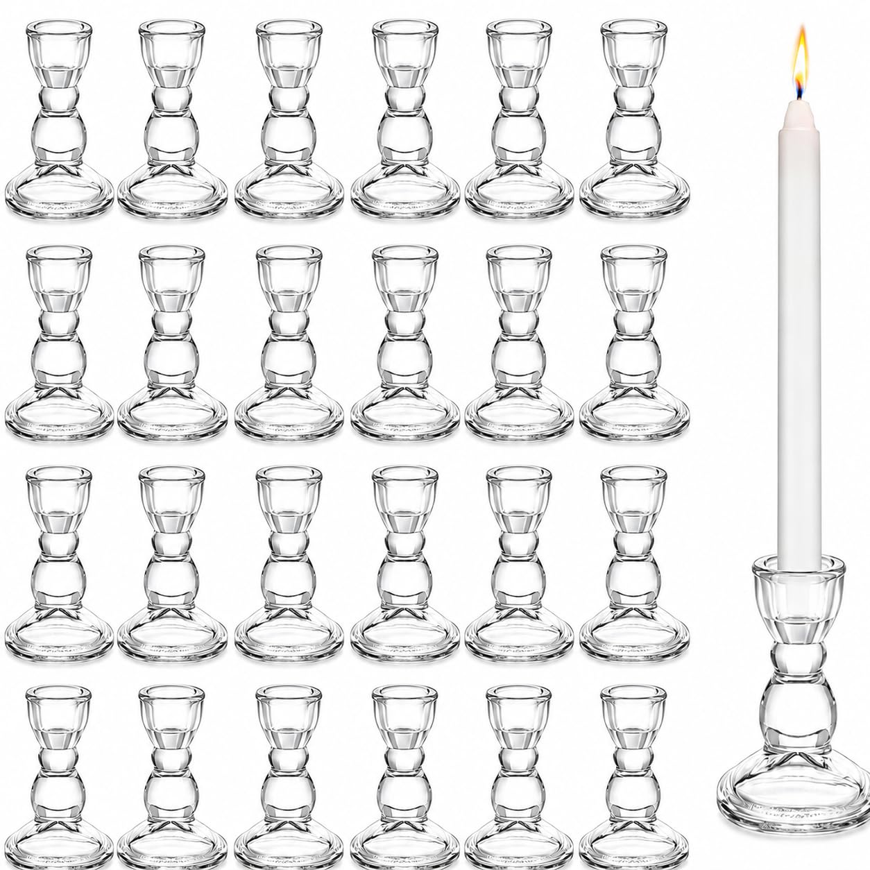 Lanttu 24 Pcs Candlestick Holders Bulk, 2.56 x 3.55in Clear Taper Candle Holders, Glass Candle Holders Set for Wedding Table, Party, Windowsill Decor