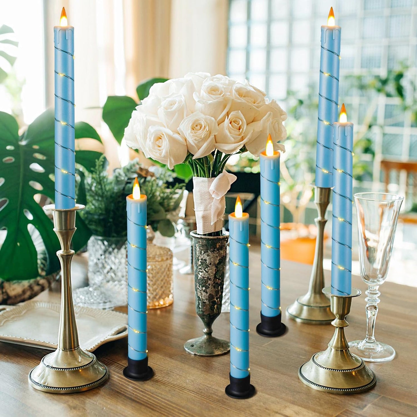 Flameless Cone Candle with Built-in Star String Light, 11 Button Remote Control, Timer, Battery Powered, Analog Flame, 3 Pack of Window Candles, Christmas Home & Wedding Decoration (Sky Blue)