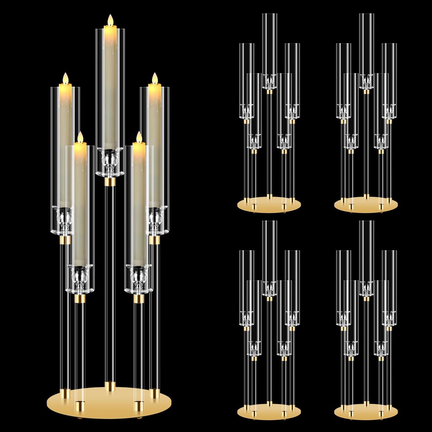 4 Set 5 Arm Acrylic Candle Holder, Mjkeomo 26'' Tall Candelabra Centerpieces for Tables Clear Candlesticks Holder with Lampshade for Housewarming Gift Fireplace Dinner Decor Fit 0.82'' LED Candle