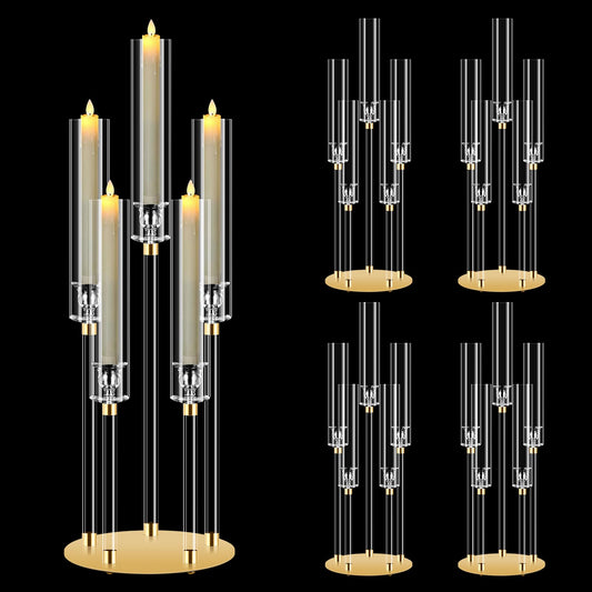 4 Set 5 Arm Acrylic Candle Holder, Mjkeomo 26'' Tall Candelabra Centerpieces for Tables Clear Candlesticks Holder with Lampshade for Housewarming Gift Fireplace Dinner Decor Fit 0.82'' LED Candle