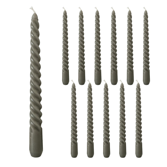 12 Piece Dark Grey Twist Taper Candles, 2 Boxed Sets of 6, 4 Hours Burn Time, Paraffin Wax, 7.75 Inches