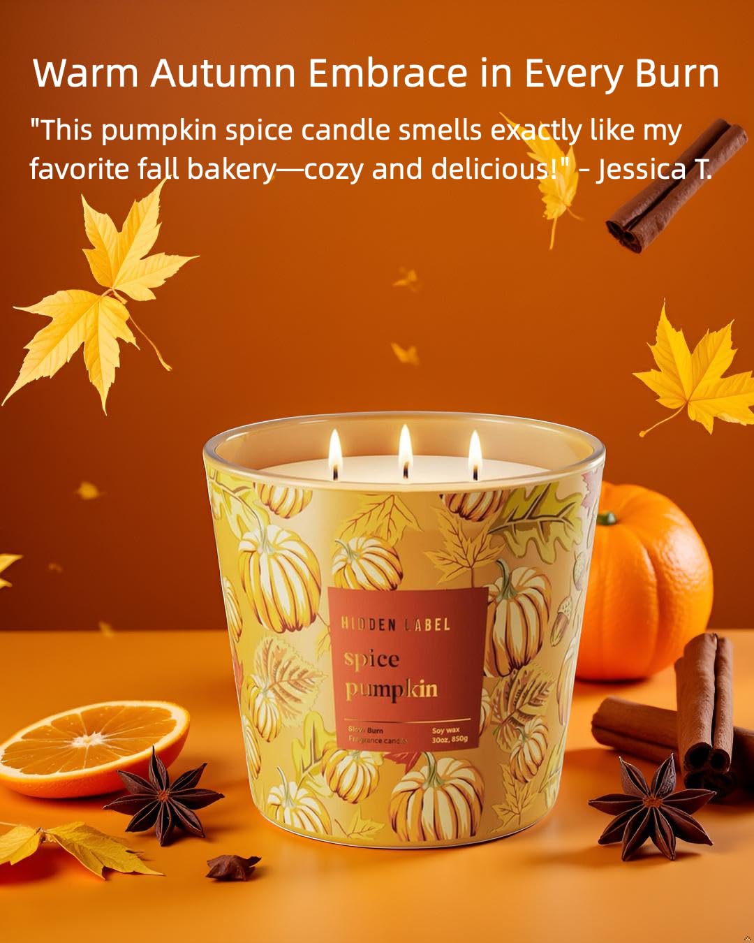 Hidden Label Pumpkin Spice Fall Candles, 3 Wick Large Scented Candle for Home, 30oz Natural Soy Candles for Home Scented,100 Hour Burn Time, Long Lasting Highly Scented Luxury Candle Gift