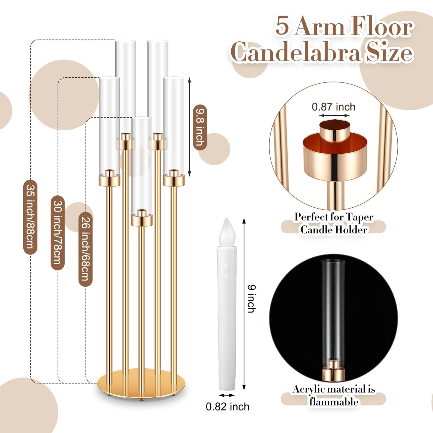 Tandefio 4 Set 5 Arm Gold Candelabra Centerpieces for Table, 35'' Tall Wedding Metal Candlestick Floor Holder Acrylic Clear Lampshades with 20 LED Candles for Wedding Party Event Table Fireplace Decor